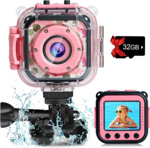PROGRACE Kids Camera Waterproof Gift Toy - Children Digital Video Camera Underwater Camera for Kids 1080P Camcorder DV Toddler Camera for Girls Birthday Learn Camera Pool Toys Age 3-14